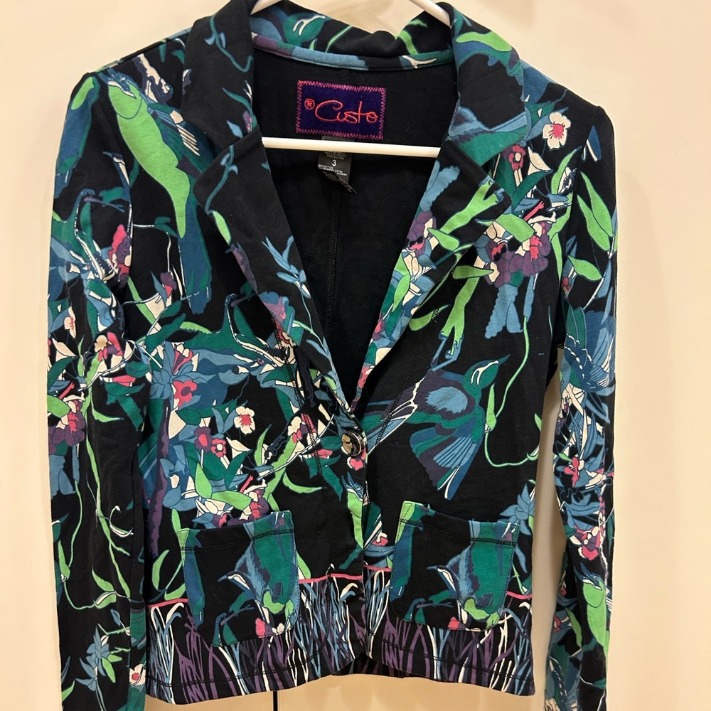 Vintage Custo Barcelona Floral Women's Black Green bird printed jacket size 3